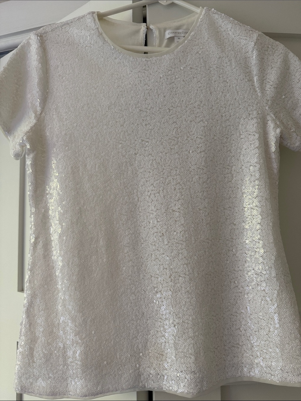 Charter Club White Sequin Short Sleeve Blouse